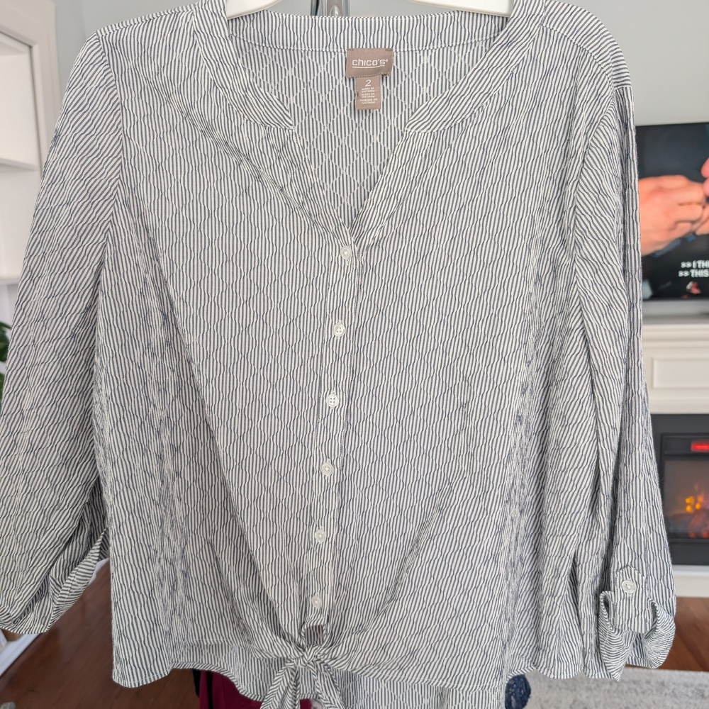 Chico's Women's Striped Button-Up Top - Blue and White